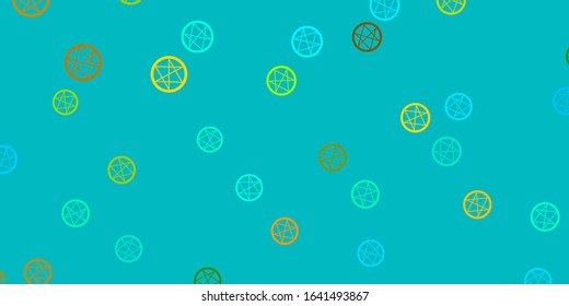 Light Blue, Yellow vector background with occult symbols. Colorful mystic symbols with a gradient in ancient style. Best design halloween events.