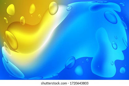 Azul claro, fondo vectorial amarillo con formas de burbuja. Brillante ilustración torcida al estilo memphis. Plantilla para fondos de teléfonos móviles.