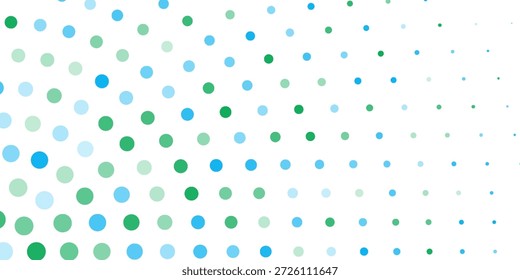 Azul claro, Anuncio de Vector amarillo con círculos, esferas. Manchas Abstractas. Fondo de burbujas de arte en estilo semitono con degradado de color.