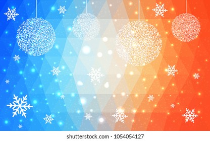 Light Blue Yellow vector christmas polygon background. Low poly Illustration consisting of triangles with snowflakes. Texture, seamless background of New Year celebration.