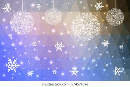 Light Blue Yellow vector christmas polygon background. Low poly Illustration consisting of triangles with snowflakes. Texture, seamless background of New Year celebration.