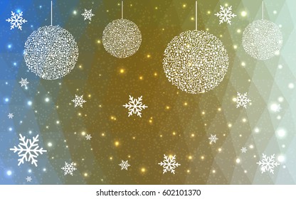 Light Blue Yellow vector christmas polygon background. Low poly Illustration consisting of triangles with snowflakes. Texture, seamless background of New Year celebration.
