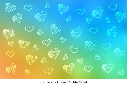 Light Blue, Yellow vector cover with Shining hearts. Blurred decorative design in doodle style with hearts. Pattern for carnival, festival romantic leaflets.