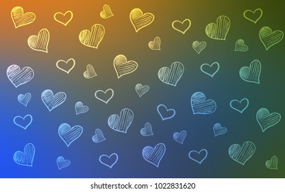 Light Blue, Yellow vector cover with Shining hearts. Beautiful colored illustration with hearts in celebration style. Pattern for carnival, festival romantic leaflets.