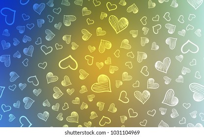 Light Blue, Yellow vector cover with Shining hearts. Hearts on blurred abstract background with colorful gradient. Pattern for carnival, festival romantic leaflets.