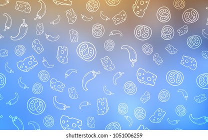 Light Blue, Yellow vector cover with cuisine gourmet. Decorative shining illustration with food on abstract template. Pattern for menu of cafes, bars, restaurants.