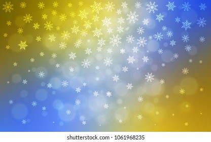 Light Blue, Yellow vector cover with beautiful snowflakes. Snow on blurred abstract background with gradient. New year design for your business advert.