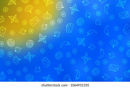 Light Blue, Yellow vector cover with cuisine gourmet. Illustration with set of fresh food in doodle style. Pattern for ads of breakfast, lunch, dinner.