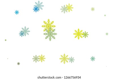 Light Blue, Yellow vector cover with beautiful snowflakes. Glitter abstract illustration with crystals of ice. New year design for your business advert.