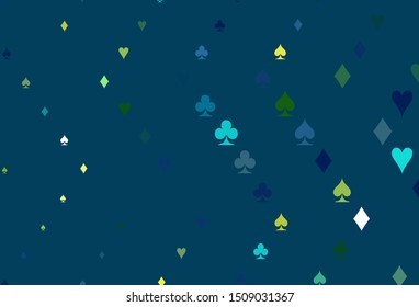 Light Blue, Yellow vector cover with symbols of gamble. Colored illustration with hearts, spades, clubs, diamonds. Smart design for your business advert of casinos.