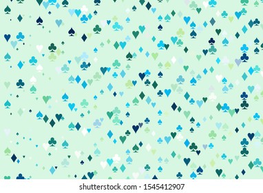Light Blue, Yellow vector cover with symbols of gamble. Colorful gradient with signs of hearts, spades, clubs, diamonds. Template for business cards of casinos.