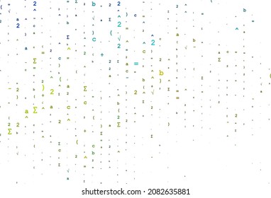Light Blue, Yellow vector cover with math elements. Abstract illustration with colored algebra signs. Pattern for ads, poster, banner of books.