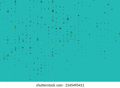 Azul claro, cubierta vectorial amarilla con elementos matemáticos. Ilustración abstracta con signos de álgebra de color. Patrón de anuncios, afiche, pancarta de libros.