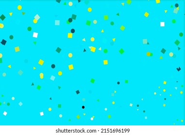 Azul claro, cubierta vectorial amarilla en estilo poligonal con círculos. Ilustración con un conjunto de círculos coloridos, triángulos, cuadrados. Diseño inteligente para su anuncio comercial.