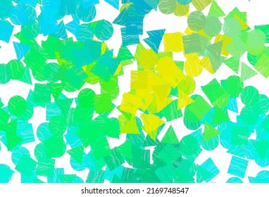 Funda vectorial amarilla azul claro en estilo poligonal con círculos. Decoración de estilo abstracto con líneas, puntos, cubos. Plantilla para fondos de pantalla.