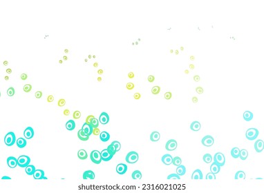 Azul claro, cubierta vectorial amarilla con manchas. Diseño decorativo borroso en estilo abstracto con burbujas. Patrón de agua, caídas de lluvia.