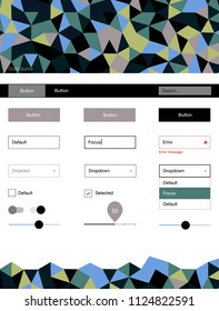 Light Blue, Yellow vector design ui kit with mosaic. Simple Material Design Kit with colorful mosaic of triangles. This template you can use for websites.