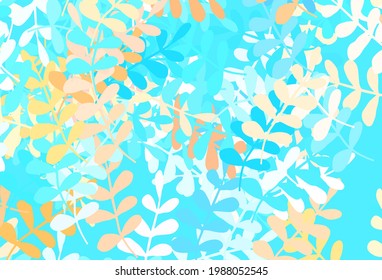Azul claro, patrón de doodle vectorial amarillo con hojas. Ilustración abstracta geométrica moderna con hojas. Una nueva textura para tu diseño de papel pintado.