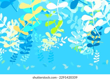 Hellblau, gelber Vektor doodle Textur mit Blättern. Skizzenhafte Doodles mit Blättern auf unscharfem Hintergrund. Elegantes Muster für Ihr Markenbuch.