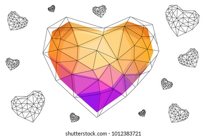 Light Blue, Yellow vector greeting Card Happy Valentine's Day. Lettering with hearts on the white polygonal background. Colored triangular illustration for your business.
