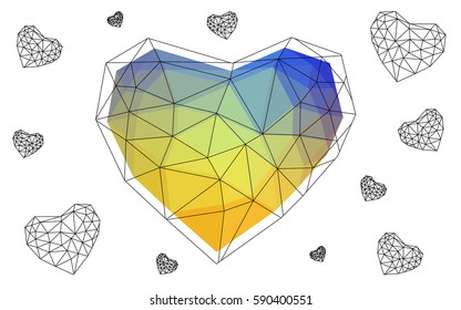 Light Blue, Yellow vector greeting Card Happy Valentine's Day. Lettering with hearts on the white polygonal background. Colored triangular illustration for your business.