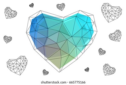 Light Blue, Yellow vector greeting Card Happy Valentine's Day. Lettering with hearts on the white polygonal background. Colored triangular illustration for your business.