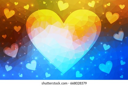 Light Blue, Yellow vector greeting Card Happy Valentine's Day. Lettering with hearts on the white polygonal background. Colored triangular illustration for your business.