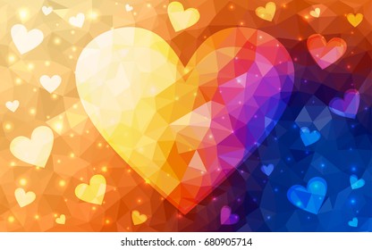 Light Blue, Yellow vector greeting Card Happy Valentine's Day. Lettering with hearts on the white polygonal background. Colored triangular illustration for your business.
