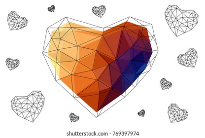 Light Blue, Yellow vector greeting Card Happy Valentine's Day. Lettering with hearts on the white polygonal background. Colored triangular illustration for your business.