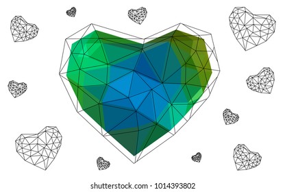 Light Blue, Yellow vector heart isolated on white background. Geometric rumpled triangular low poly origami style gradient graphic illustration. Polygonal design for your business.