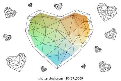 Light Blue, Yellow vector heart isolated on white background. Geometric rumpled triangular low poly origami style gradient graphic illustration. Polygonal design for your business.