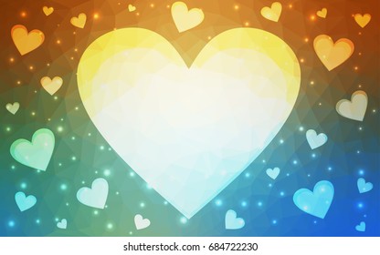 Light Blue, Yellow vector heart isolated on white background. Geometric rumpled triangular low poly origami style gradient graphic illustration. Polygonal design for your business.