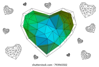 Light Blue, Yellow vector heart isolated on white background. Geometric rumpled triangular low poly origami style gradient graphic illustration. Polygonal design for your business.