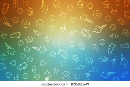 Light Blue, Yellow vector layout with sweet desserts. Beautiful colored illustration with candies in doodle style. Pattern for ads of breakfast, lunch, dinner.