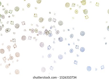 Light Blue, Yellow vector layout with restaurant food. Glitter abstract sketch with gourmet food. Doodle design for your business advert of cafes.