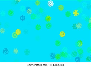 Hellblau, gelbe Vektorgrafik mit hellen Schneeflocken. Schnee auf unscharfem abstraktem Hintergrund mit Farbverlauf. Neues Jahr Design für Ihre Business-Werbung.