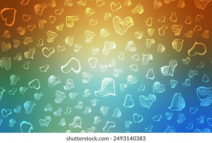 Azul claro, diseño de Vector amarillo con corazones dulces. Ilustración abstracta brillante con corazones coloridos en estilo romántico. Diseño para anuncio, póster, Anuncio de San Valentín.