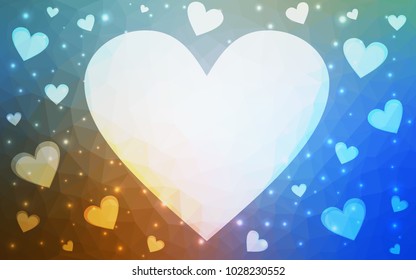 Light Blue, Yellow vector love background with heart. Paper note. Valentine's greeting polygonal card. Triangular illustration for your business. Stock template for your design.