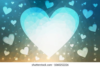 Light Blue, Yellow vector love background with heart. Paper note. Valentine's greeting polygonal card. Triangular illustration for your business. Stock template for your design.