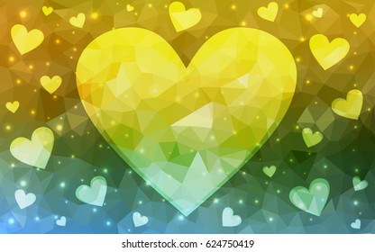 Light Blue, Yellow vector love background with heart. Paper note. Valentine's greeting polygonal card. Triangular illustration for your business. Stock template for your design.