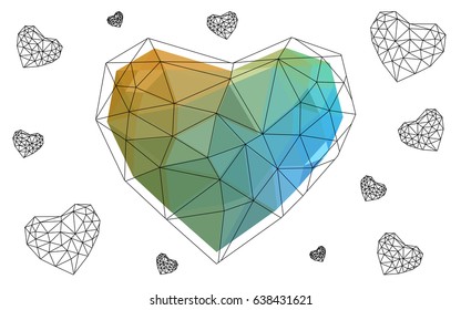 Light Blue, Yellow vector love background with heart. Paper note. Valentine's greeting polygonal card. Triangular illustration for your business. Stock template for your design.