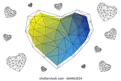 Light Blue, Yellow vector love background with heart. Paper note. Valentine's greeting polygonal card. Triangular illustration for your business. Stock template for your design.