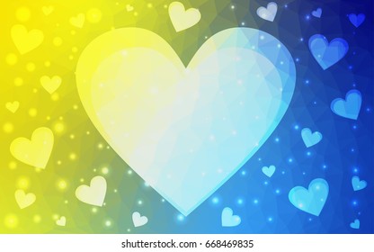 Light Blue, Yellow vector love background with heart. Paper note. Valentine's greeting polygonal card. Triangular illustration for your business. Stock template for your design.