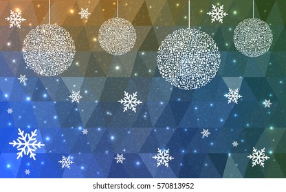 Light Blue Yellow vector low poly crystal background with snowflakes. Polygon christmas design pattern . Low poly illustration of New Year celebration.