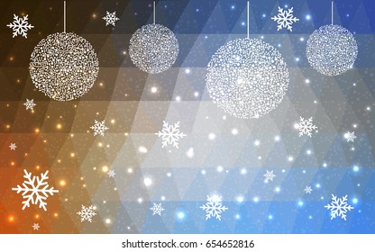 Light Blue Yellow vector low poly crystal background with snowflakes. Polygon christmas design pattern . Low poly illustration of New Year celebration.