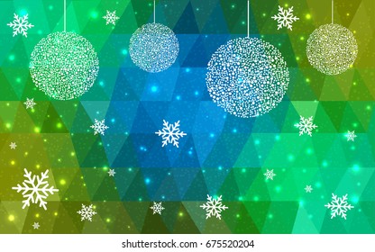 Light Blue Yellow vector low poly crystal background with snowflakes. Polygon christmas design pattern . Low poly illustration of New Year celebration.