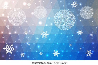Light Blue Yellow vector low poly crystal background with snowflakes. Polygon christmas design pattern . Low poly illustration of New Year celebration.