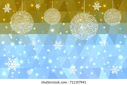 Light Blue Yellow vector low poly crystal background with snowflakes. Polygon christmas design pattern . Low poly illustration of New Year celebration.