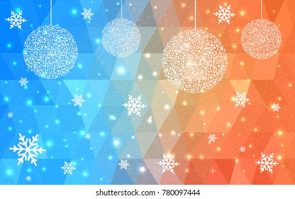 Light Blue Yellow vector low poly crystal background with snowflakes. Polygon christmas design pattern . Low poly illustration of New Year celebration.