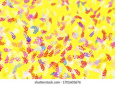 Azul claro, Rama natural Amarillo con hojas. Ilustración de colores brillantes con hojas en estilo doodle. Diseño pintado a mano para web, folletos.